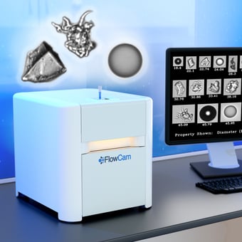 FlowCam 8000 instrument on benchtop with biopharma particles collage